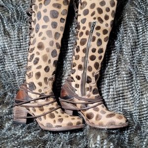 FREEBIRD BY STEVEN COAL LEOPARD PRINT HAIRCALF TALL BACK LACE UP BOOTS